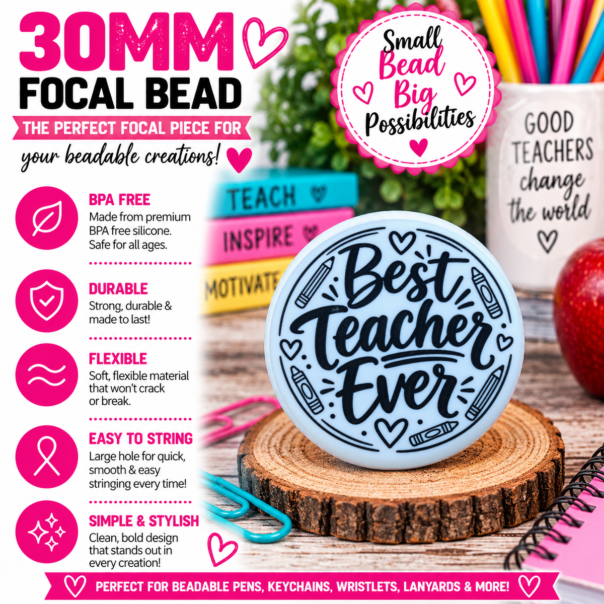 Best Teacher Ever Silicone Focal Bead