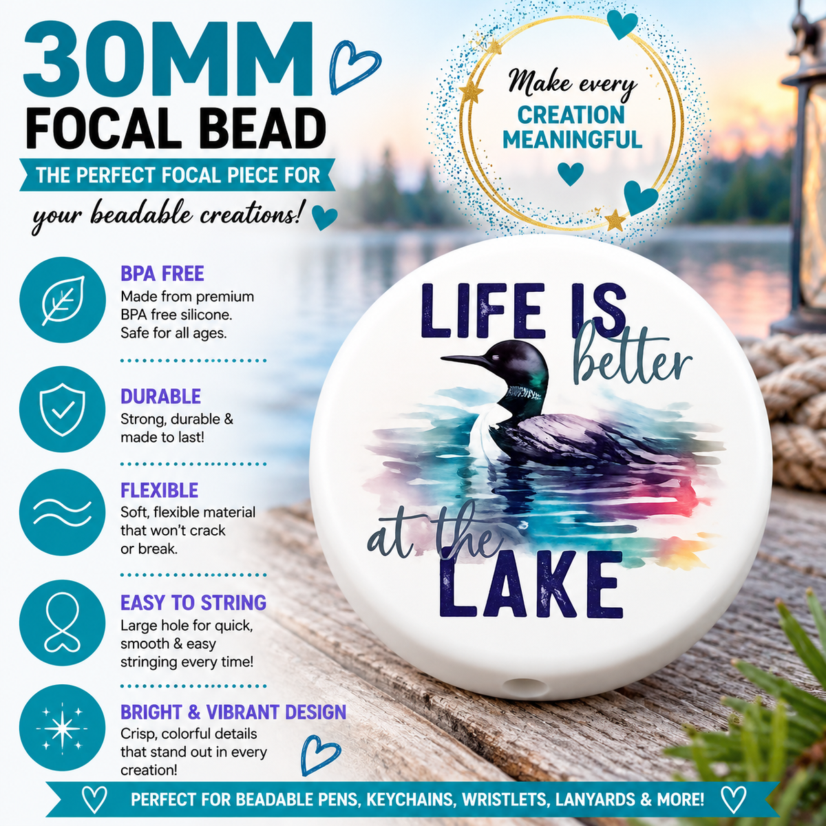 30mm Life is Better at the Lake Custom Silicone Focal Bead