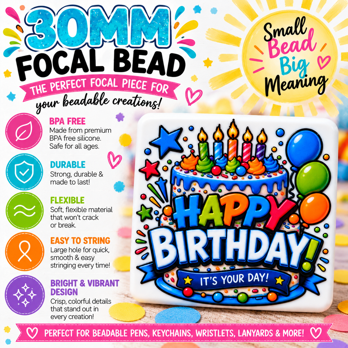 Happy Birthday Silicone Focal Bead