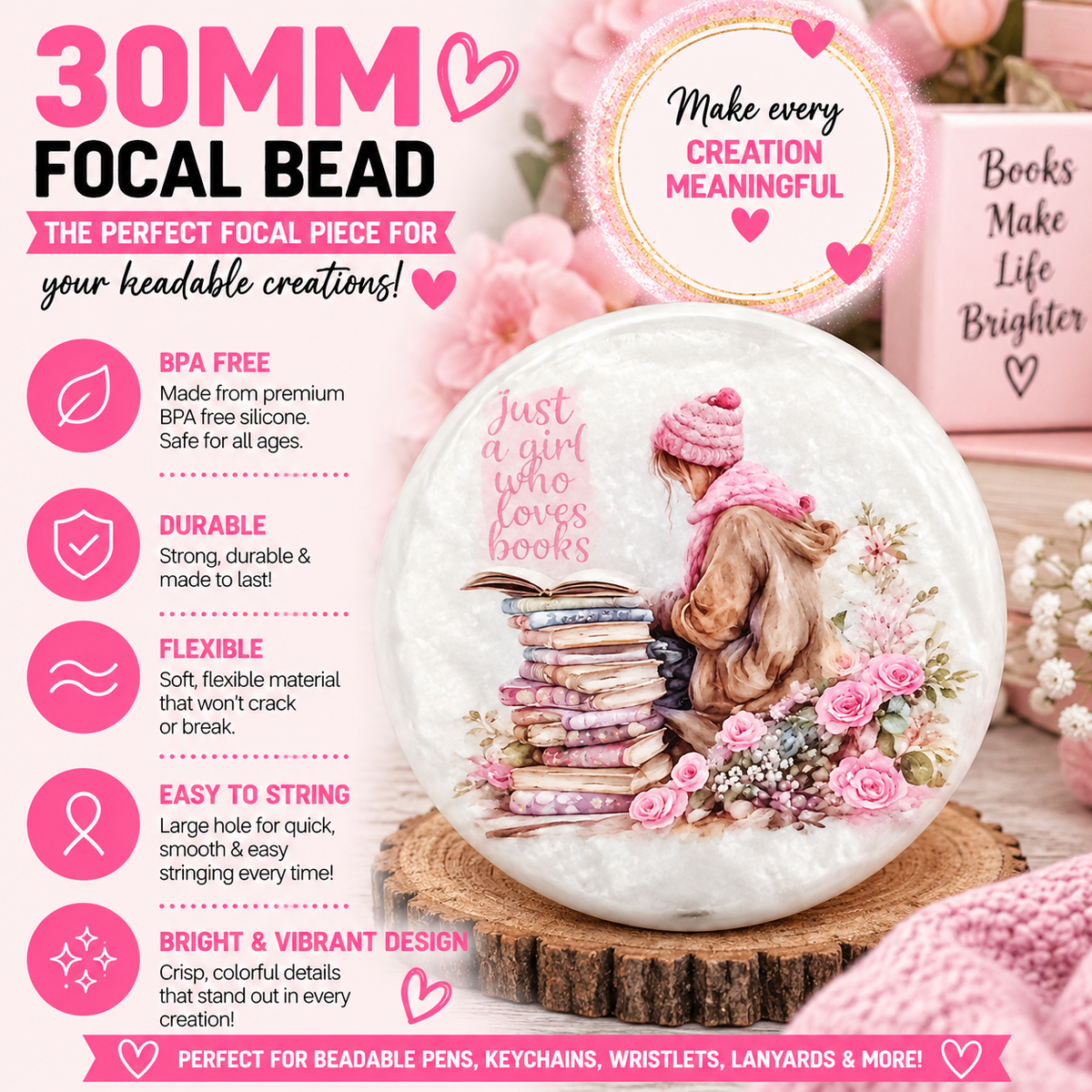 30mm Just a Girl Who Loves Books Custom Silicone Focal Bead