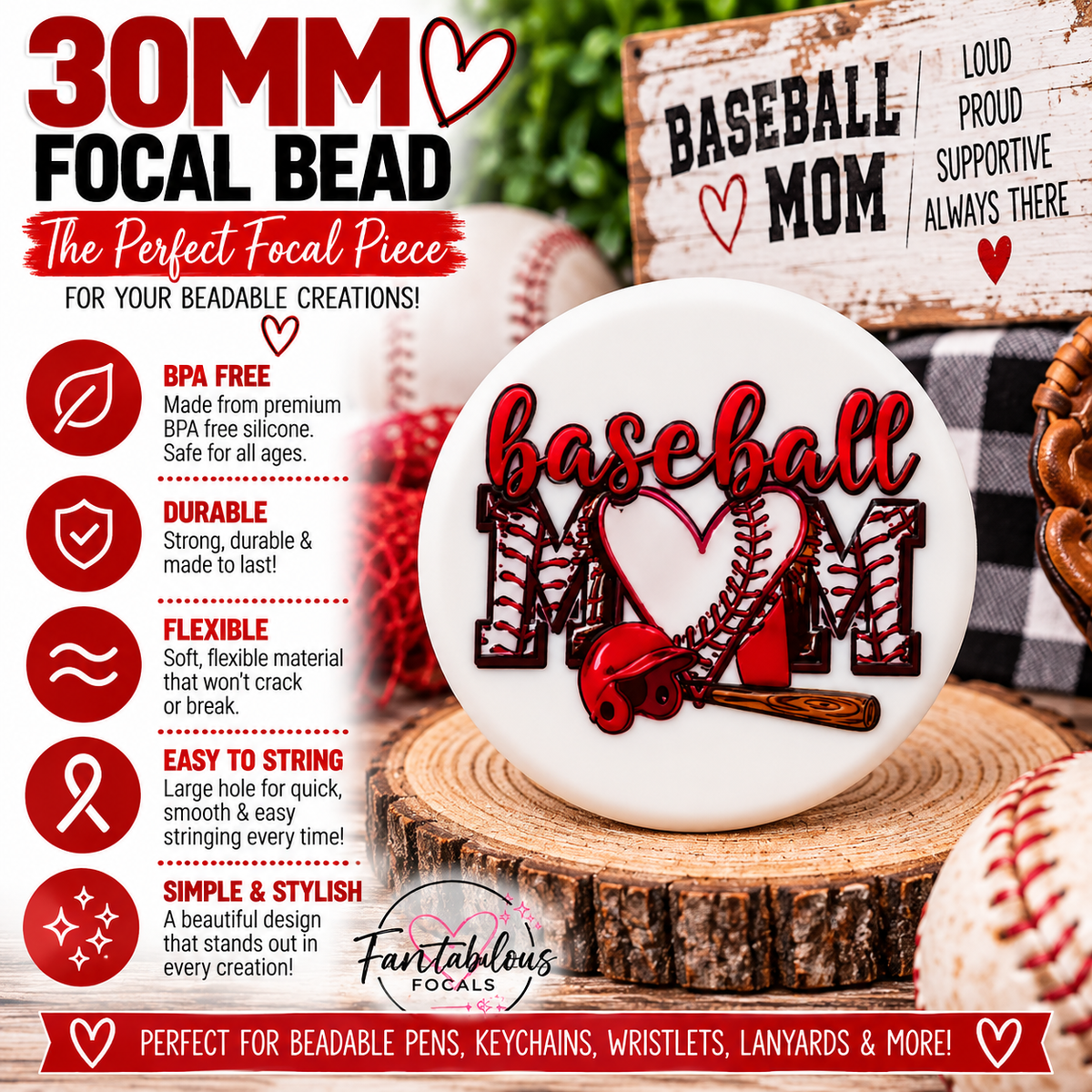 30mm Baseball Mom Custom Silicone Focal Bead