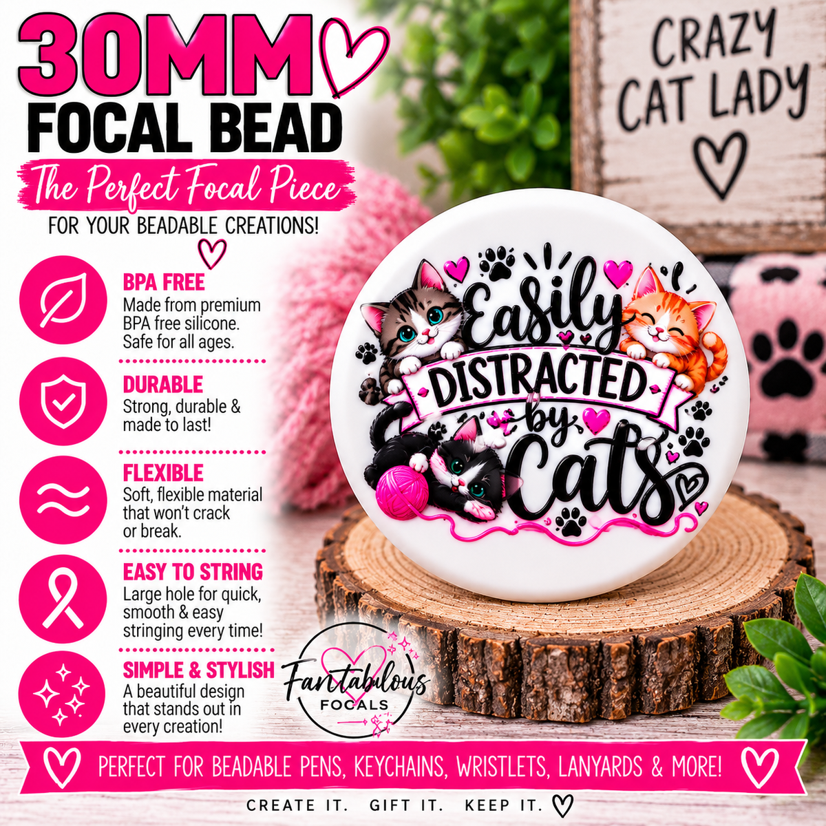 Easily Distracted by Cats Silicone Focal Bead