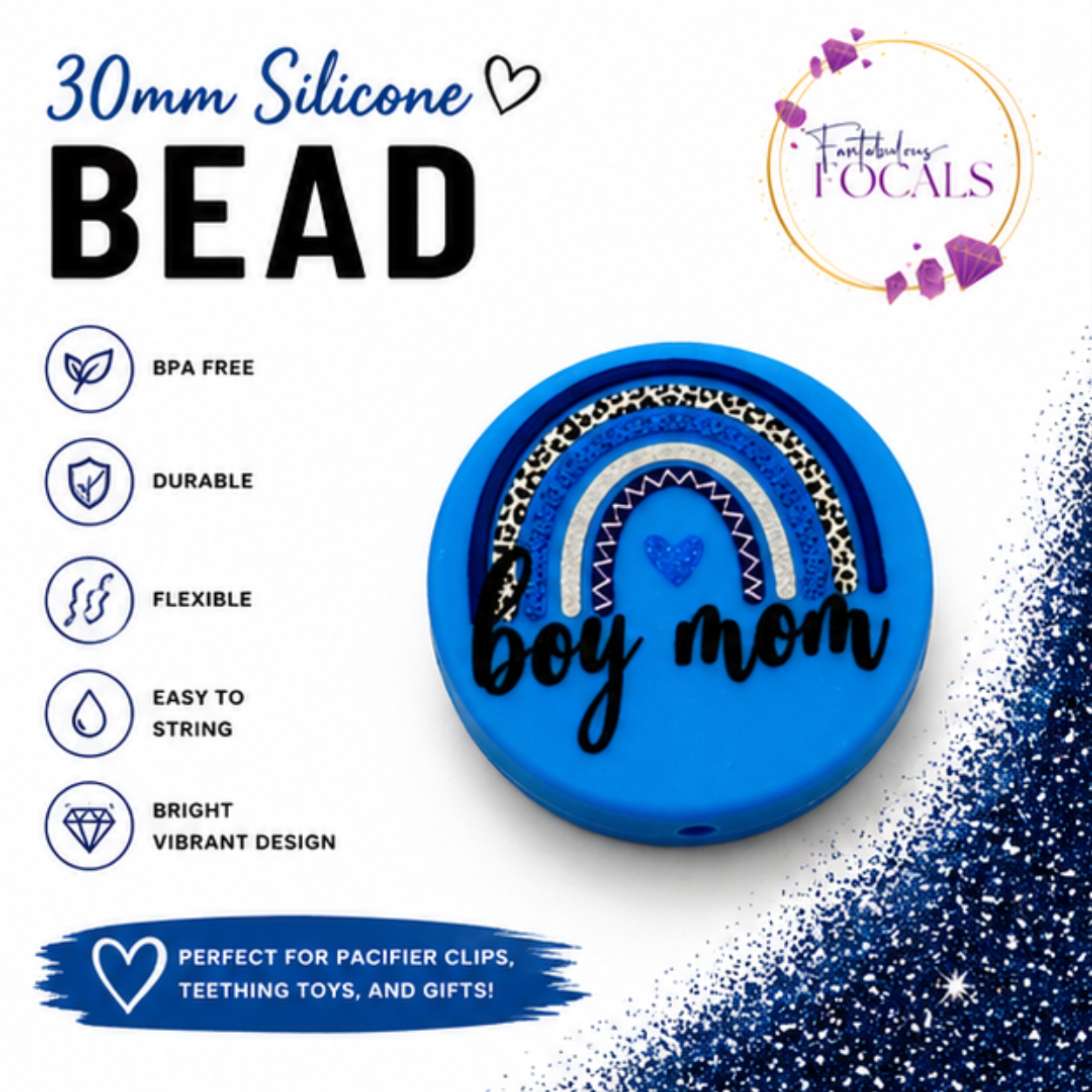 30MM Boy Mom Rainbow Silicone Focal Bead