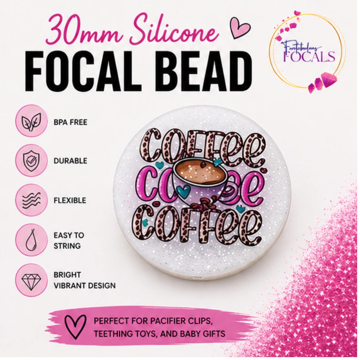 30MM Glitter Coffee Coffee Coffee Silicone Focal Bead