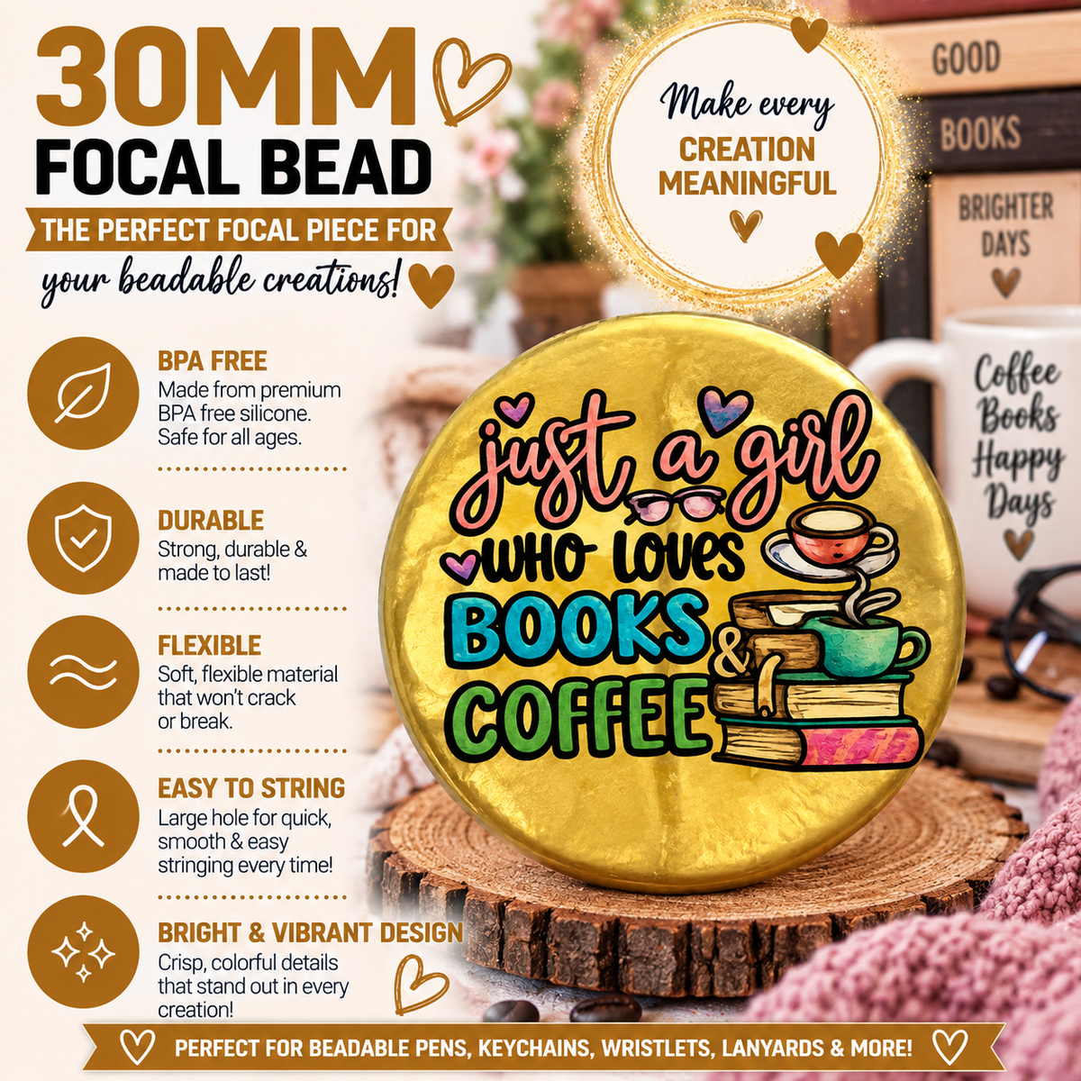 Just a Girl Who Loves Books & Coffee Silicone Focal Bead