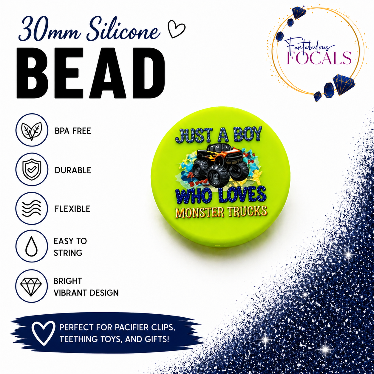 30MM Just A Boy Who Loves Monster Trucks Silicone Focal Bead