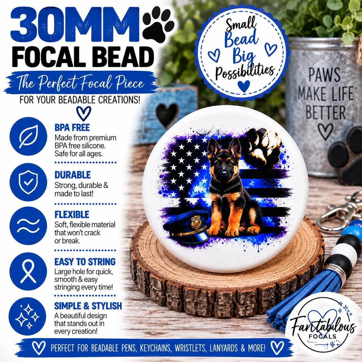 30mm German Shepherd Police Puppy Custom Silicone Focal Bead