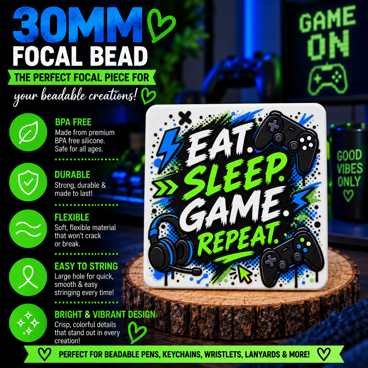 Eat Sleep Game Repeat Gamer Silicone Focal Bead