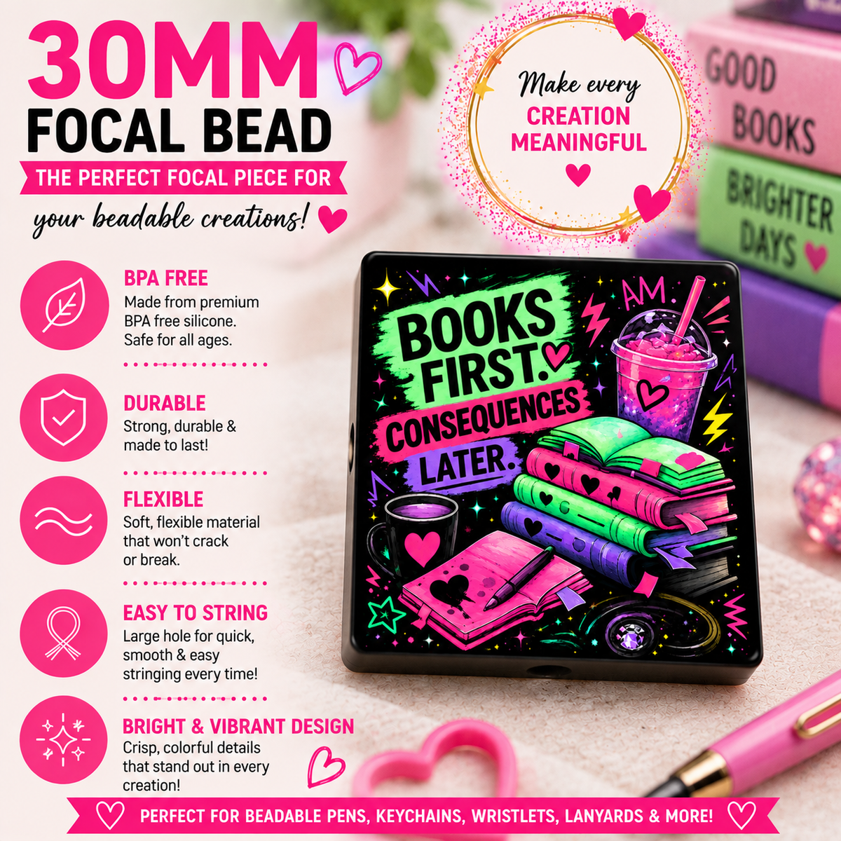 Books First Consequences Later Silicone Focal Bead