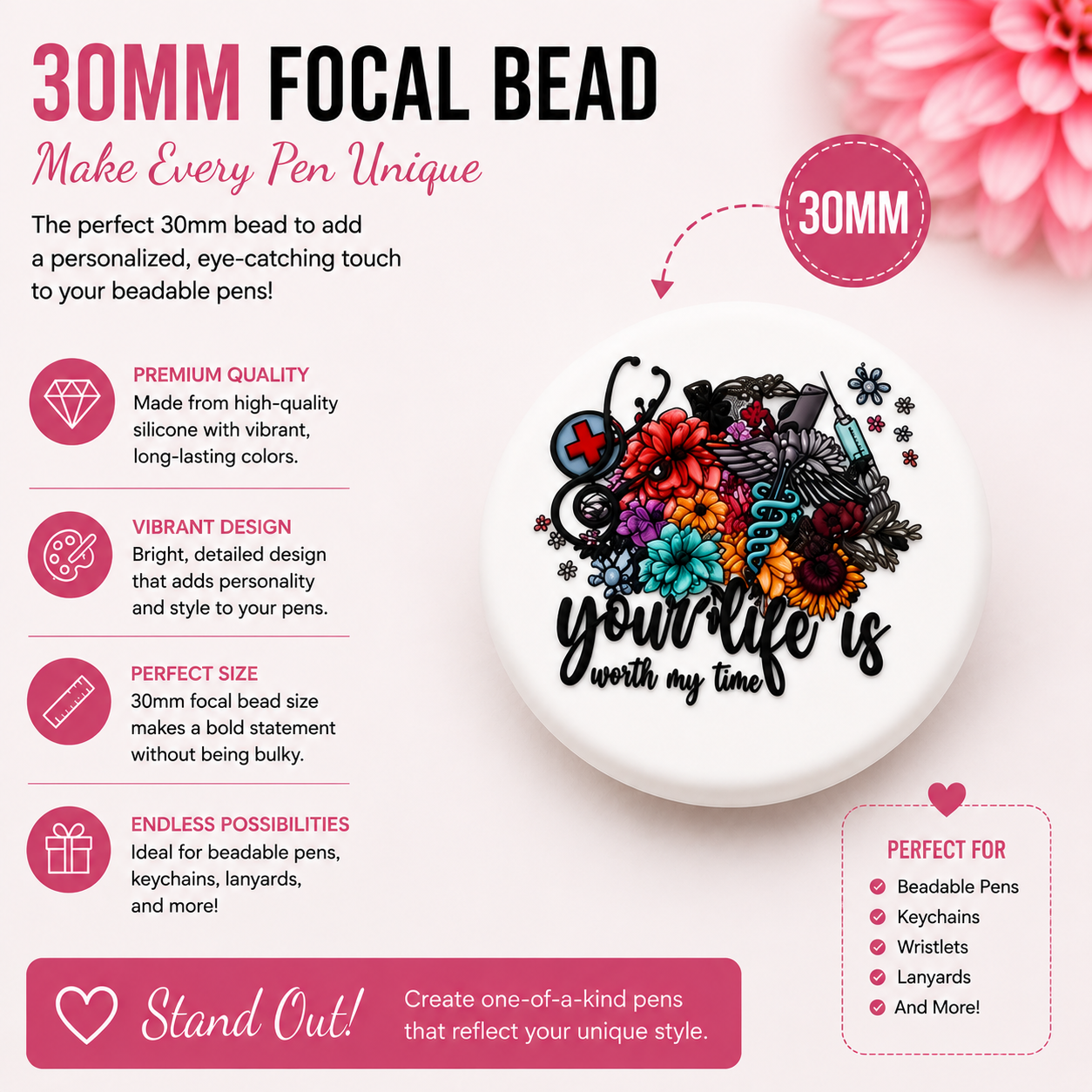 30MM Your Life Is Worth My Time Nurse Silicone Focal Bead
