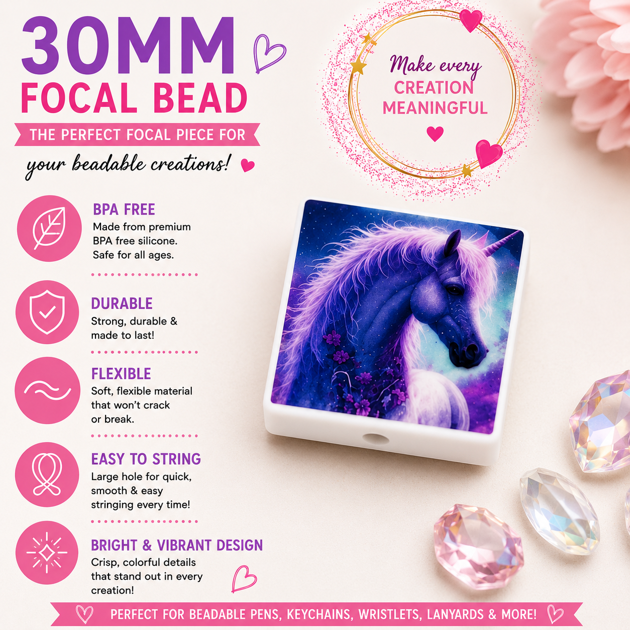 Purple Galaxy Unicorn Square Focal Bead