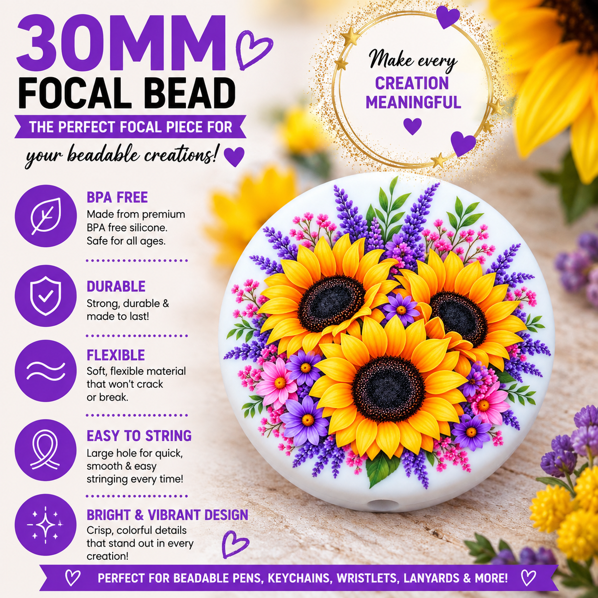 Sunflower & Lavender Floral Silicone Focal Bead