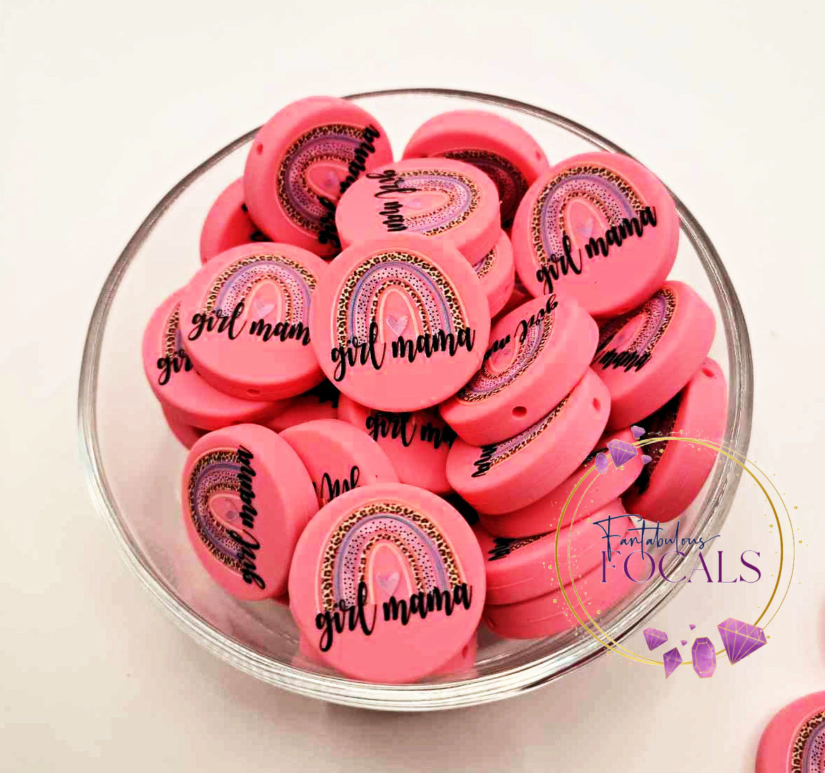 30mm “Girl Mama Rainbow” Custom Silicone Focal Bead