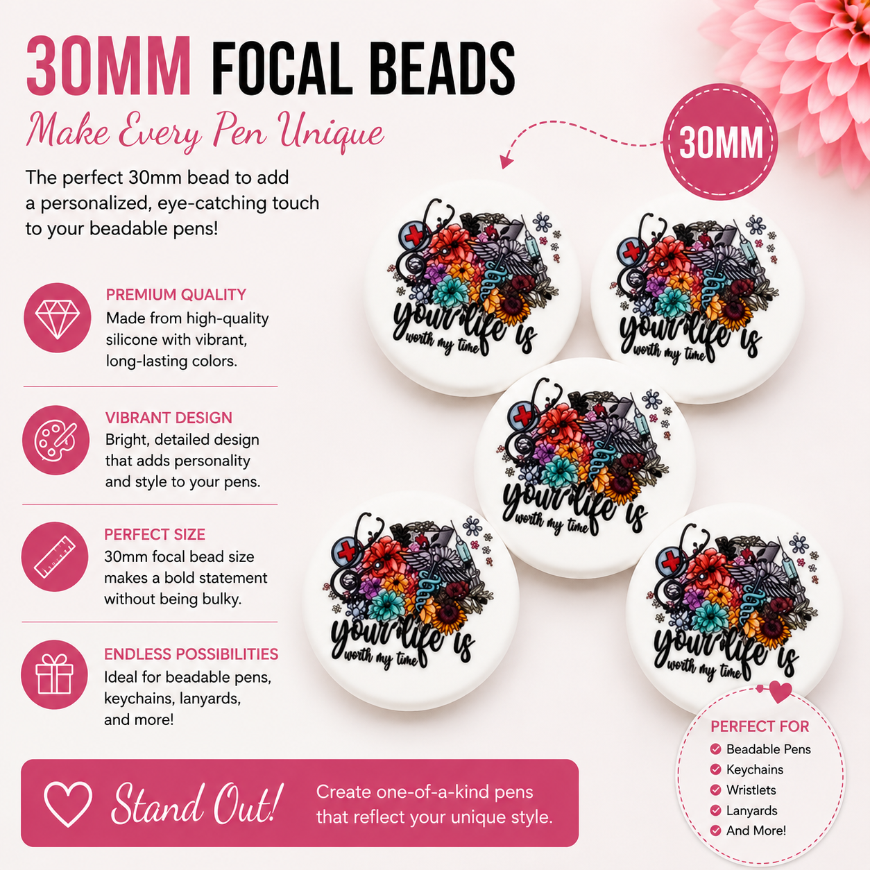 30MM Your Life Is Worth My Time Nurse Silicone Focal Bead