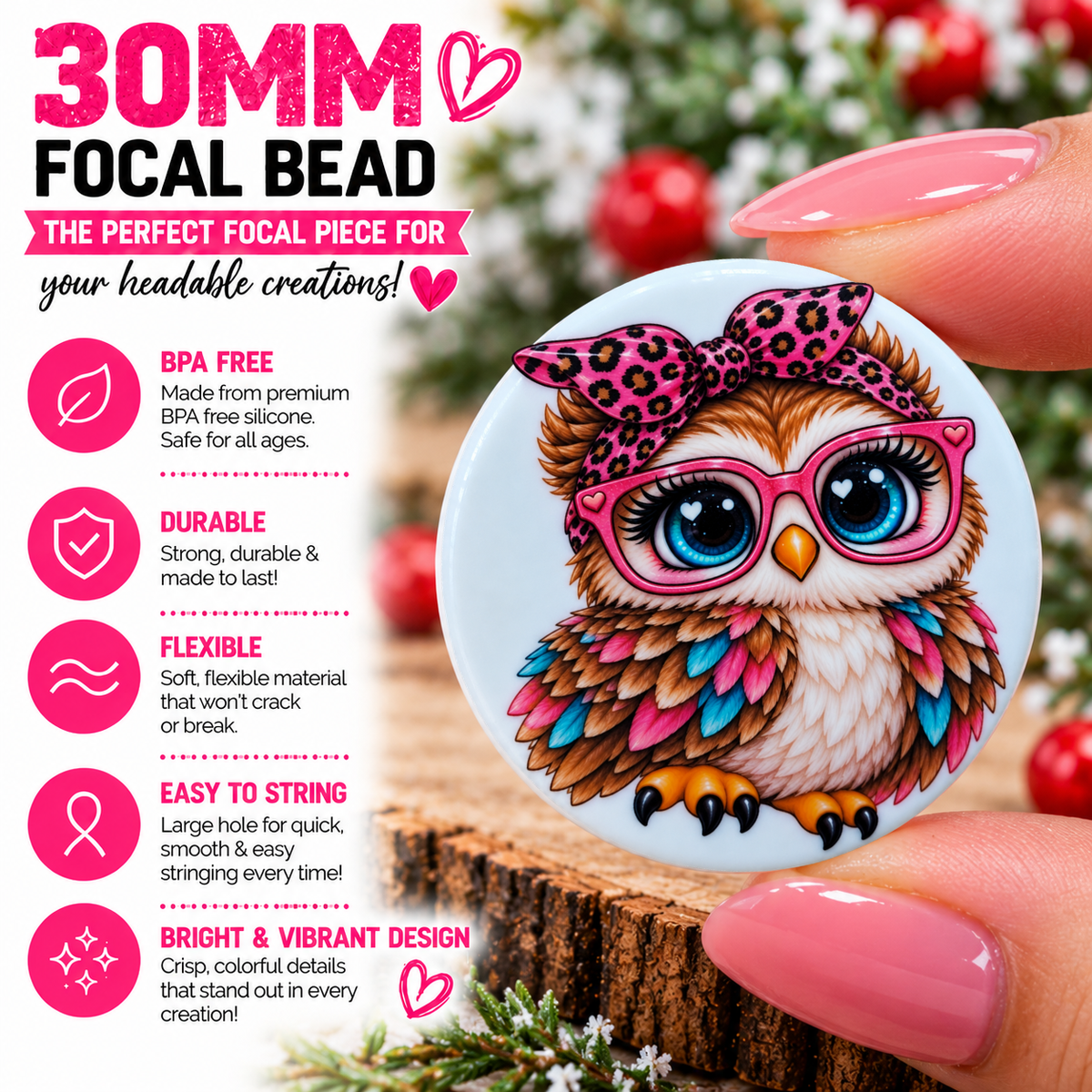 Pink Leopard Owl Silicone Focal Bead