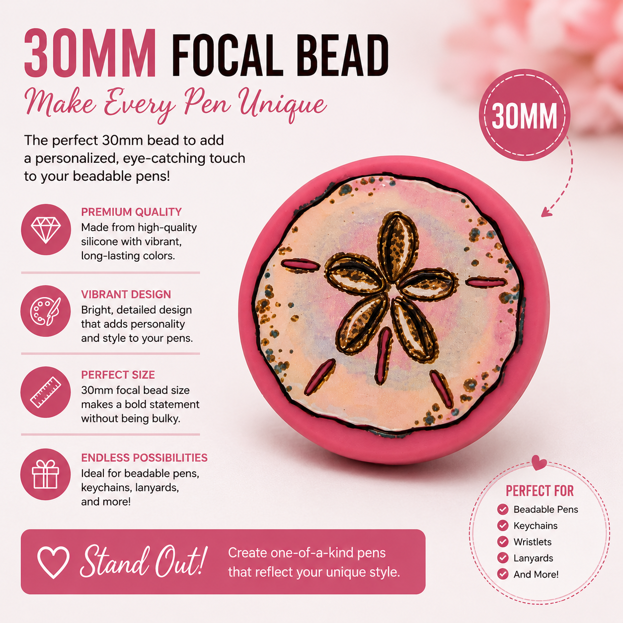 30mm Sand Dollar Custom Silicone Focal Bead