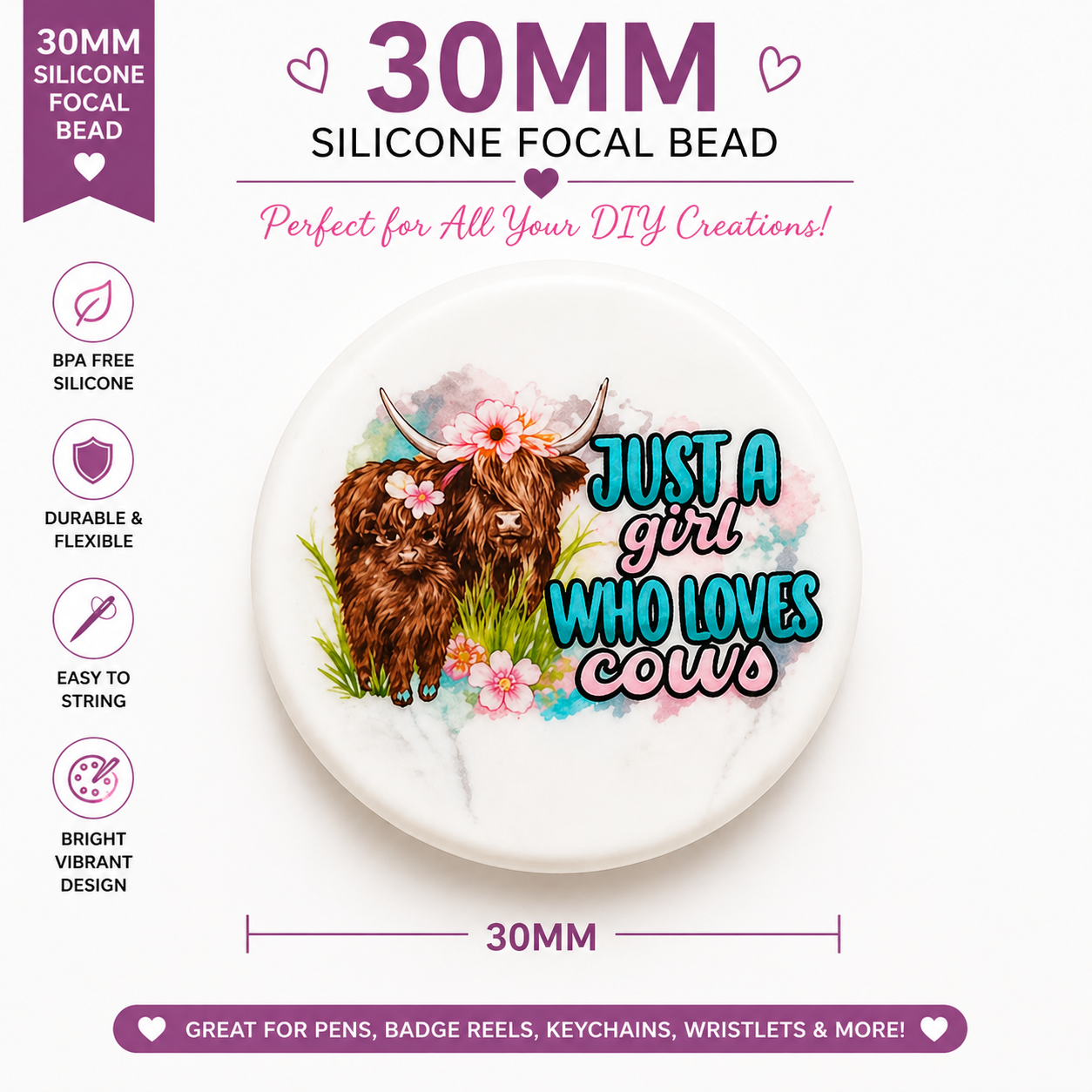 30MM Just A Girl Who Loves Cows Silicone Focal Bead