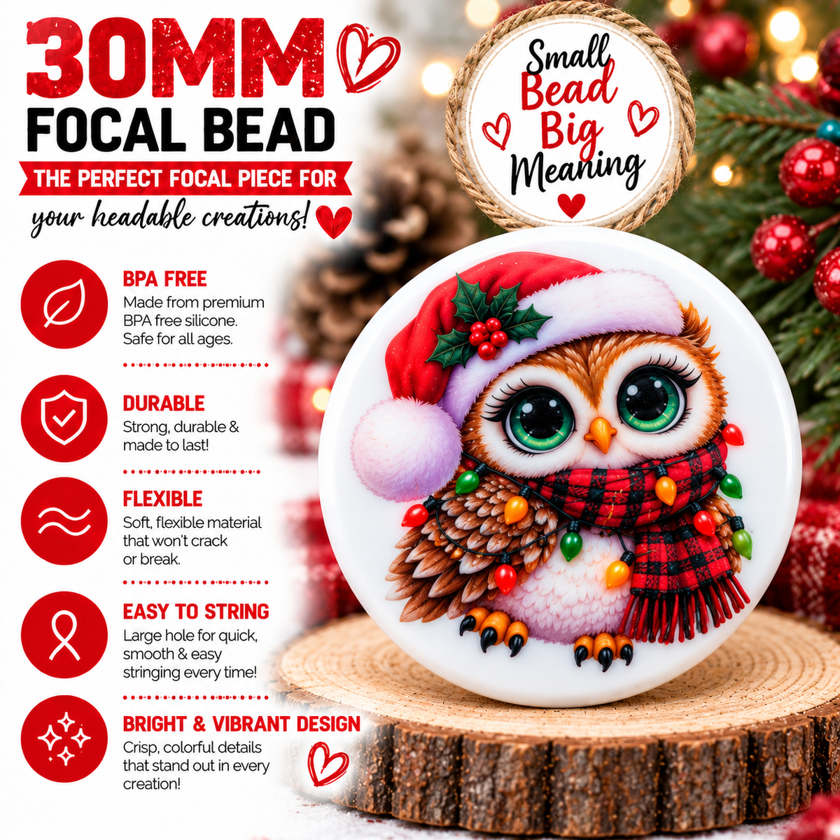 Christmas Owl Silicone Focal Bead