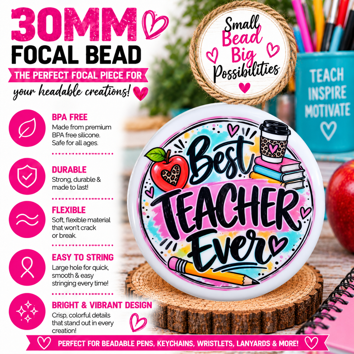 Best Teacher Ever Silicone Focal Bead