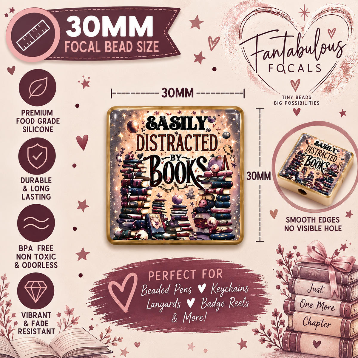 30MM Easily Distracted By Books Silicone Focal Bead