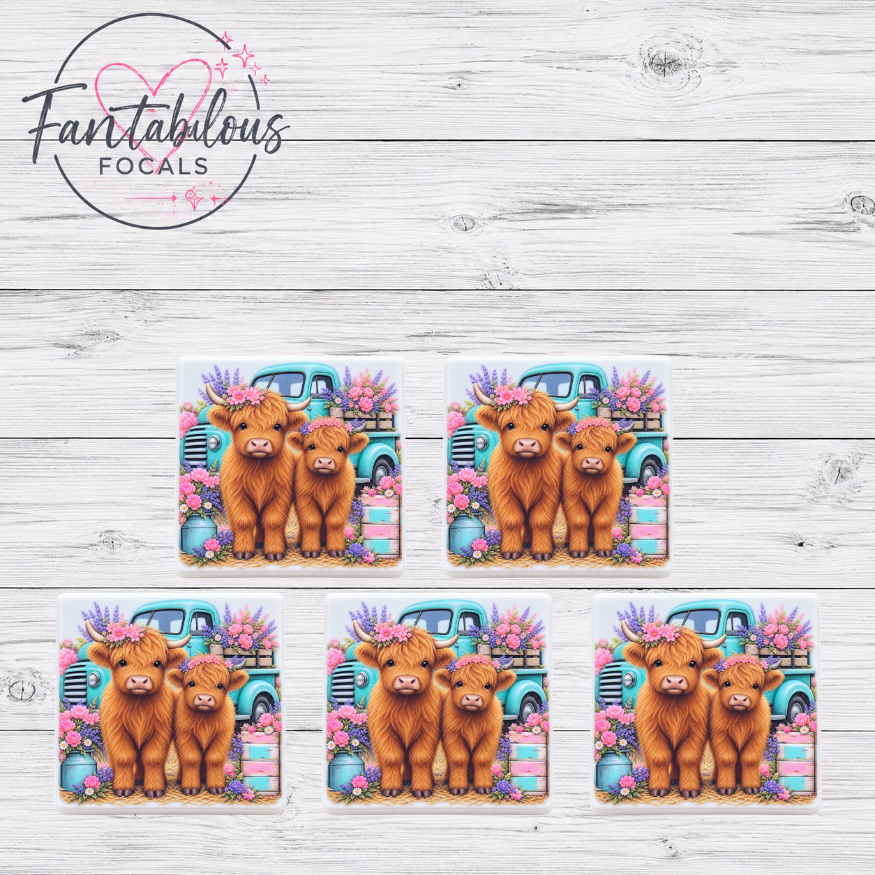 Highland Cow Pair Floral Silicone Focal Bead
