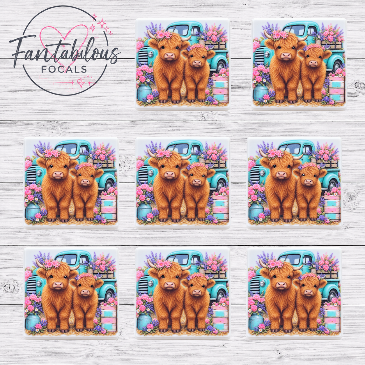 Highland Cow Pair Floral Silicone Focal Bead