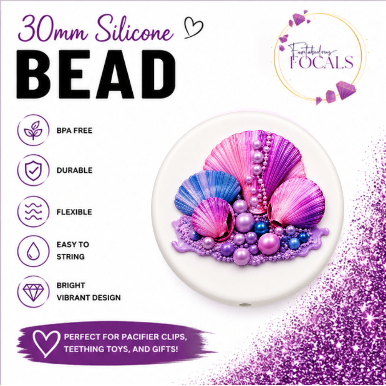 30mm Seashells Custom Exclusive Silicone Focal Bead