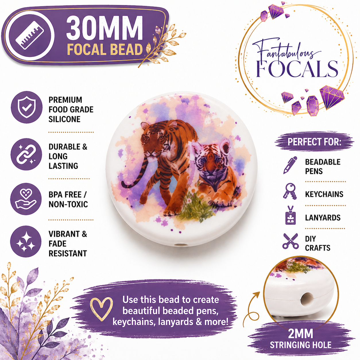 30MM Mama & Baby Tiger Silicone Focal Bead
