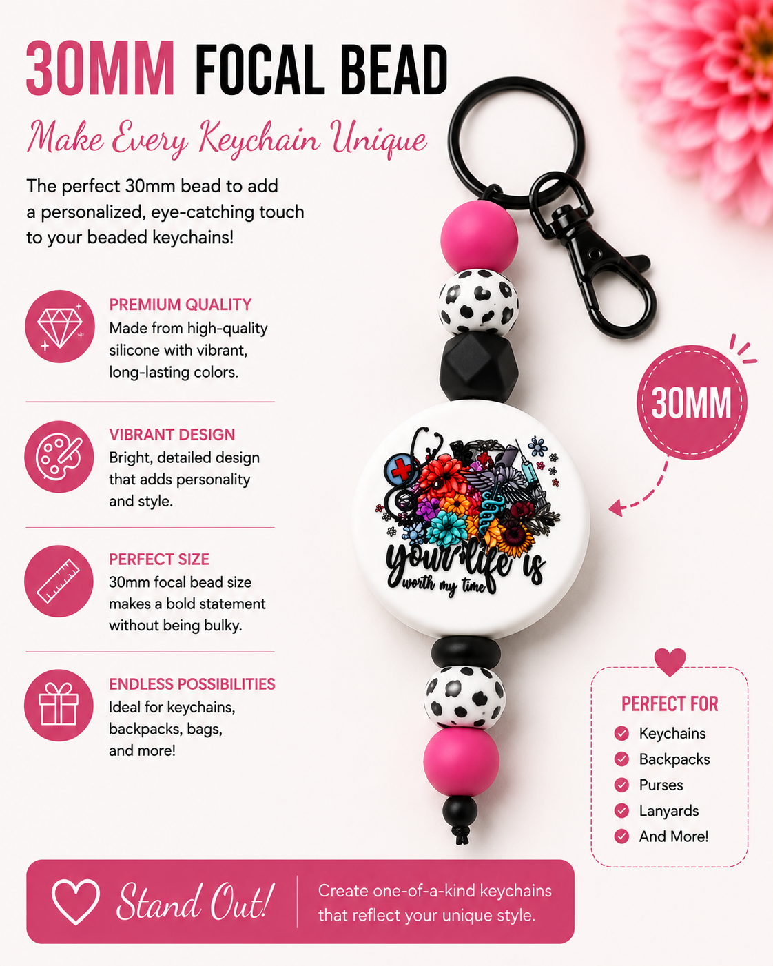 30MM Your Life Is Worth My Time Nurse Silicone Focal Bead