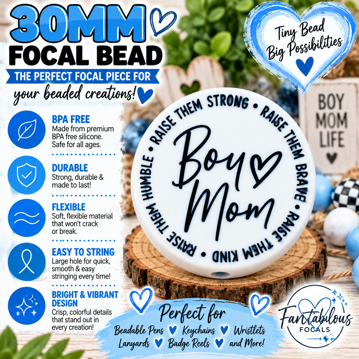 30MM Boy Mom Silicone Focal Bead