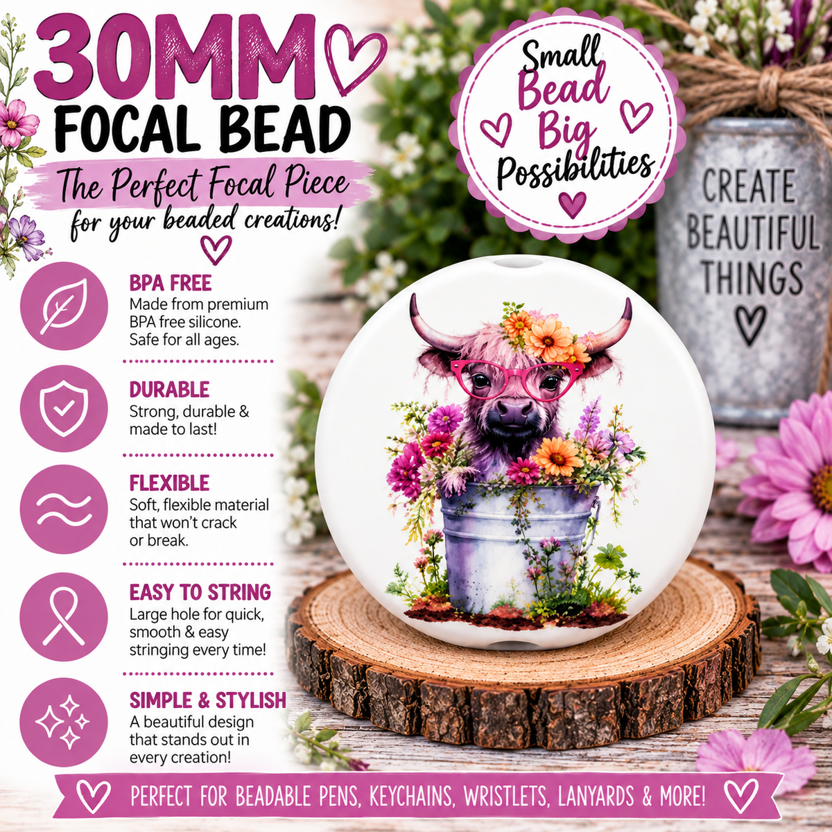 Floral Highland Cow Focal Bead