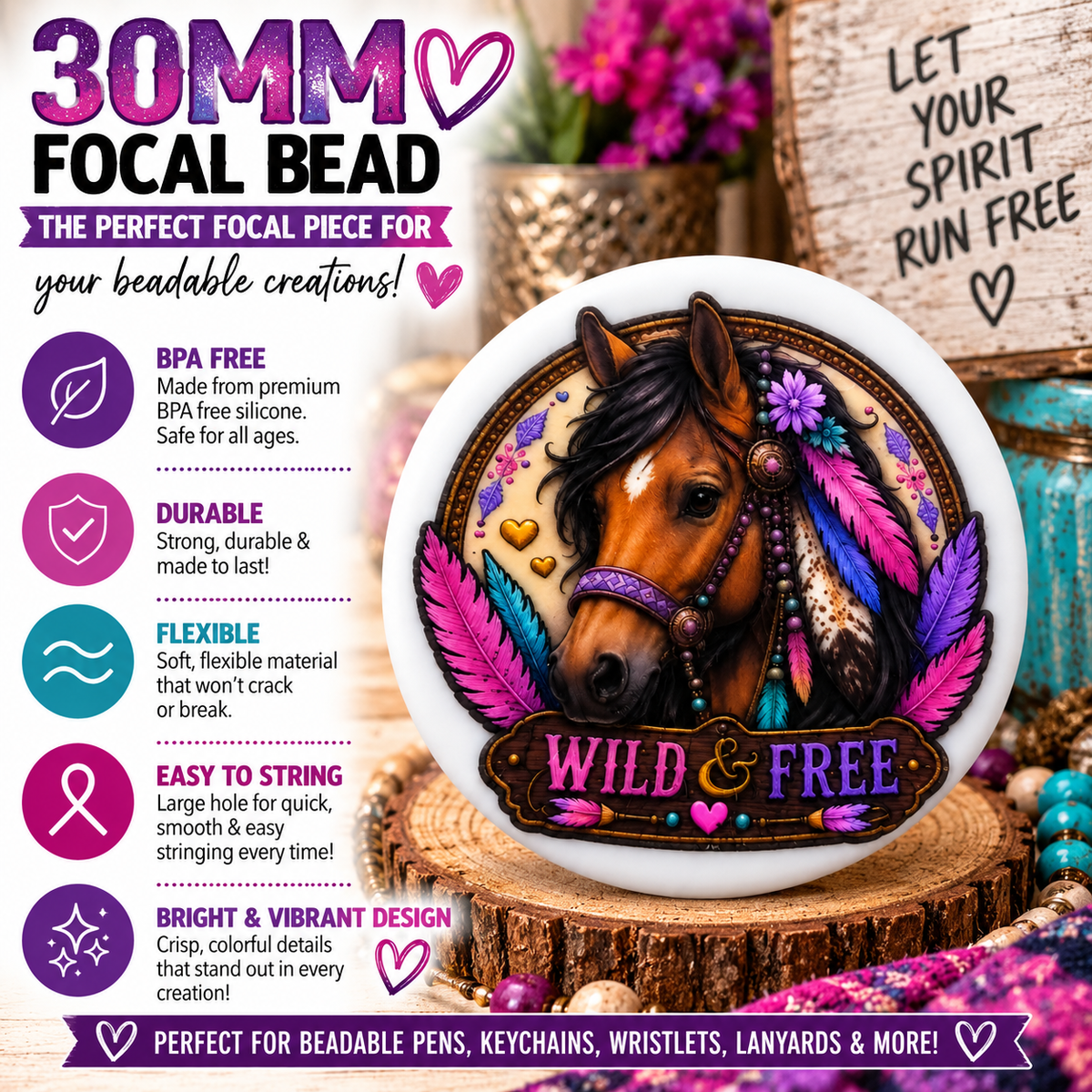 Wild and Free Horse Silicone Focal Bead