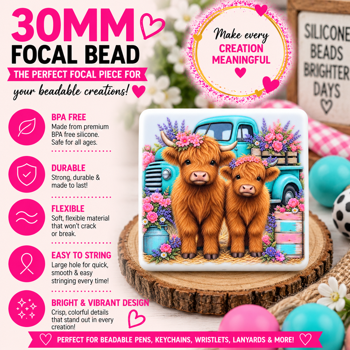 Highland Cow Pair Floral Silicone Focal Bead