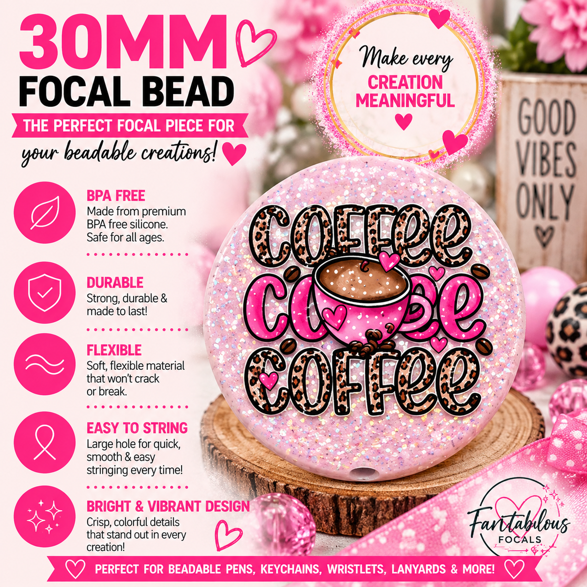 30MM Glitter Coffee Coffee Coffee Silicone Focal Bead