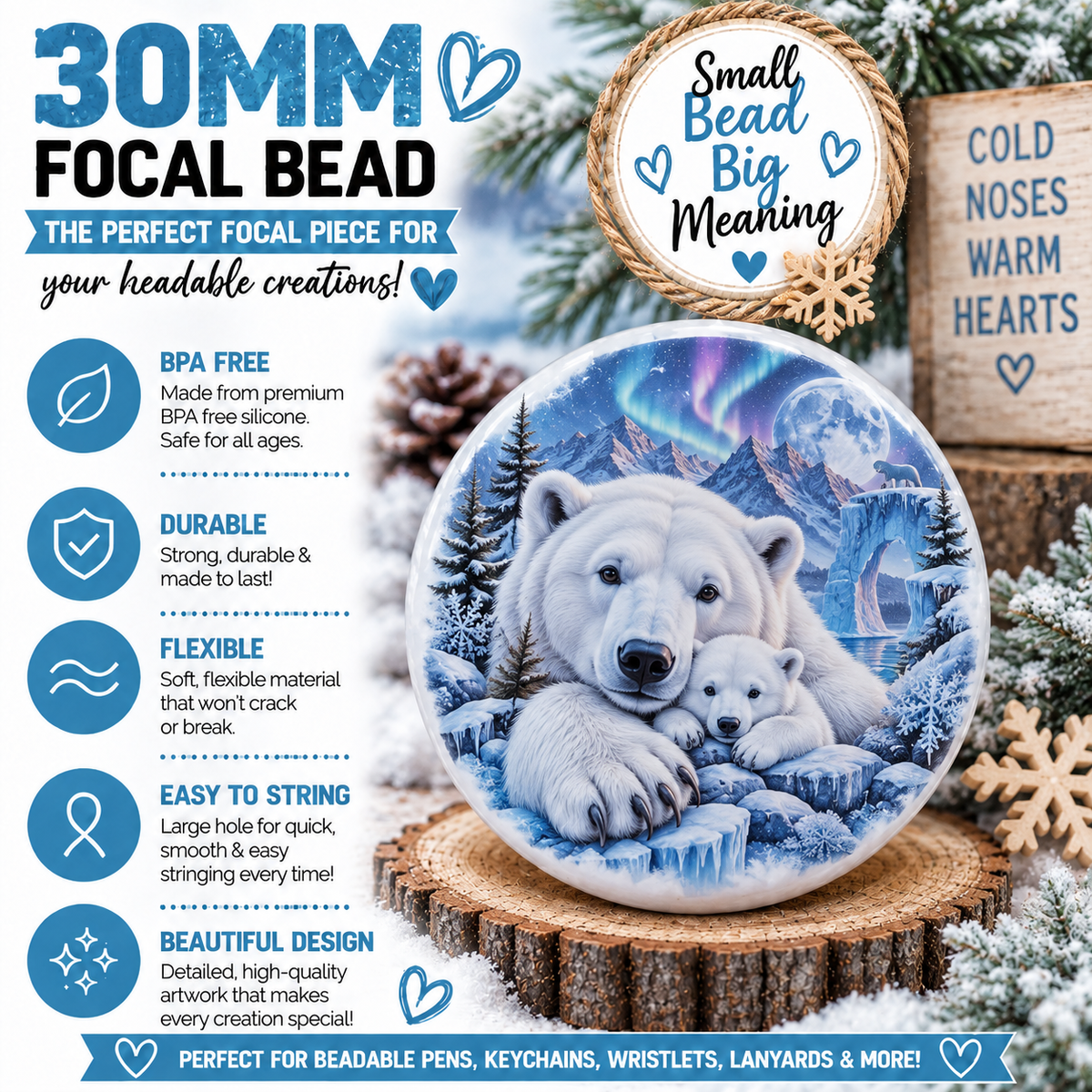 Polar Bear Mama & Cub Silicone Focal Bead