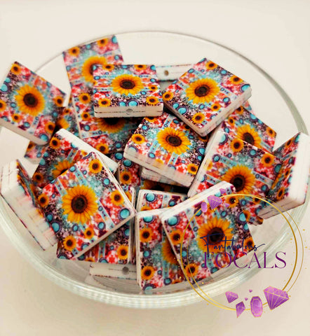 30mm “Square Sunflowers” Custom Exclusive Silicone Focal Bead